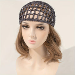 Faux Pearl Hair Net Snood for Women Hollow Crochet Turban Hat for Sleeping