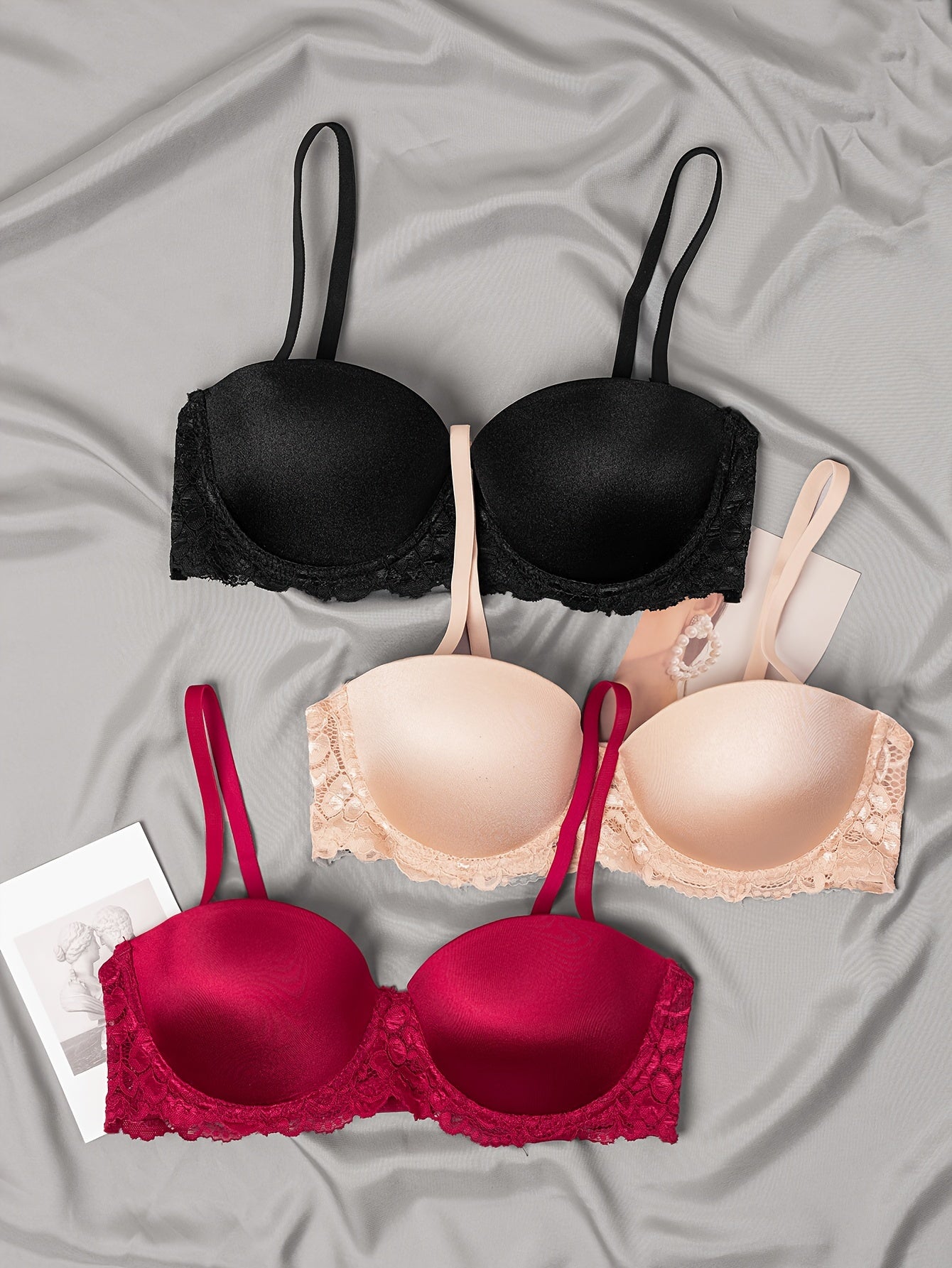 3pcs Lace Balconette Bras Push Up Bra Women's Lingerie