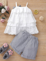 2pcs Lace Camisole Top & Elastic Waist Striped Shorts Set