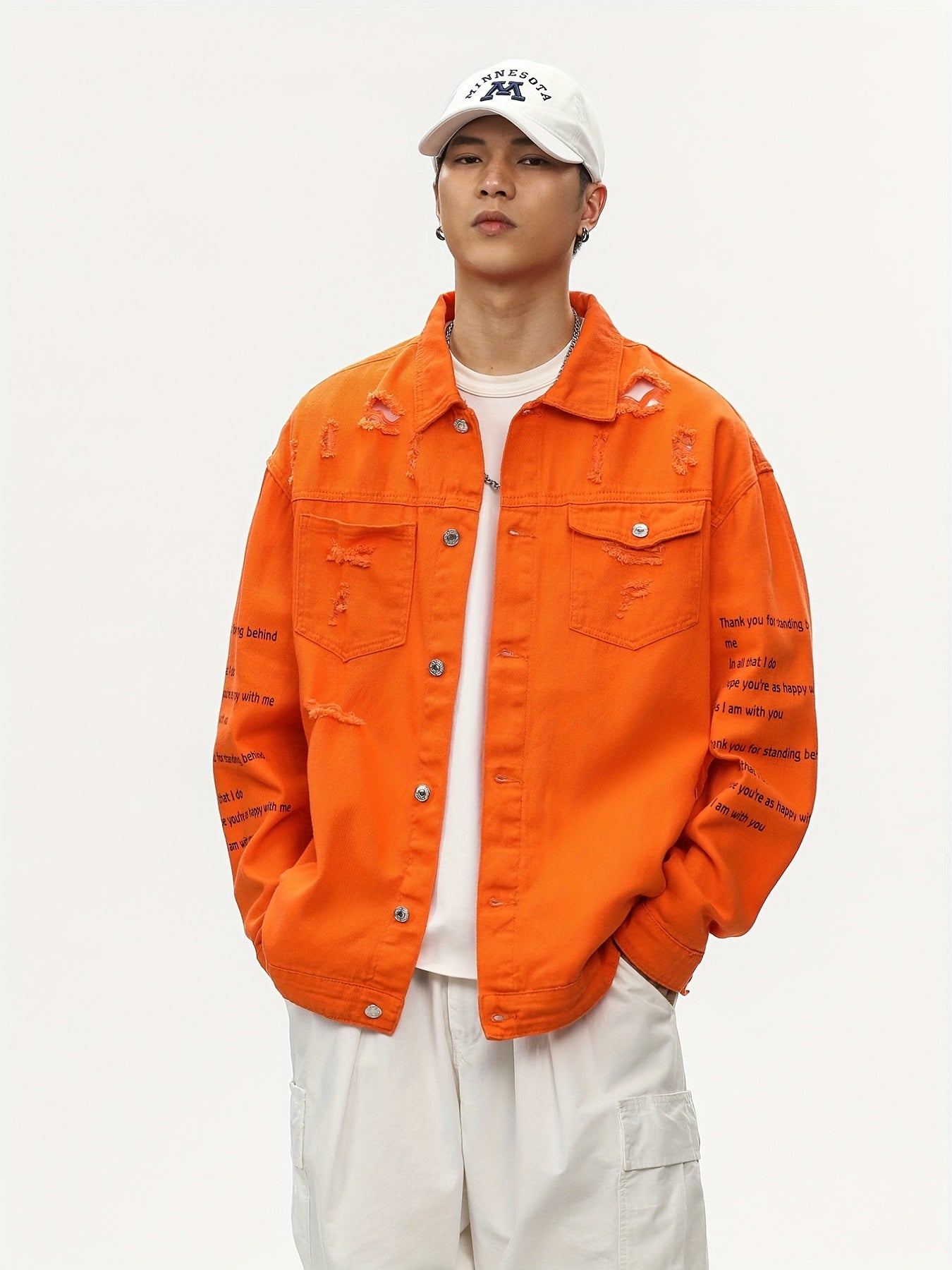 Men's Raw Trim Letter Print Denim Jacket for Spring Fall