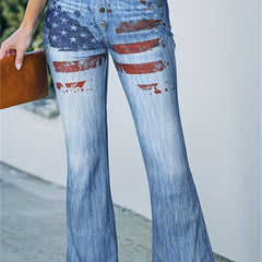 American Flag Star Stripes Print Flare Leg Jeans