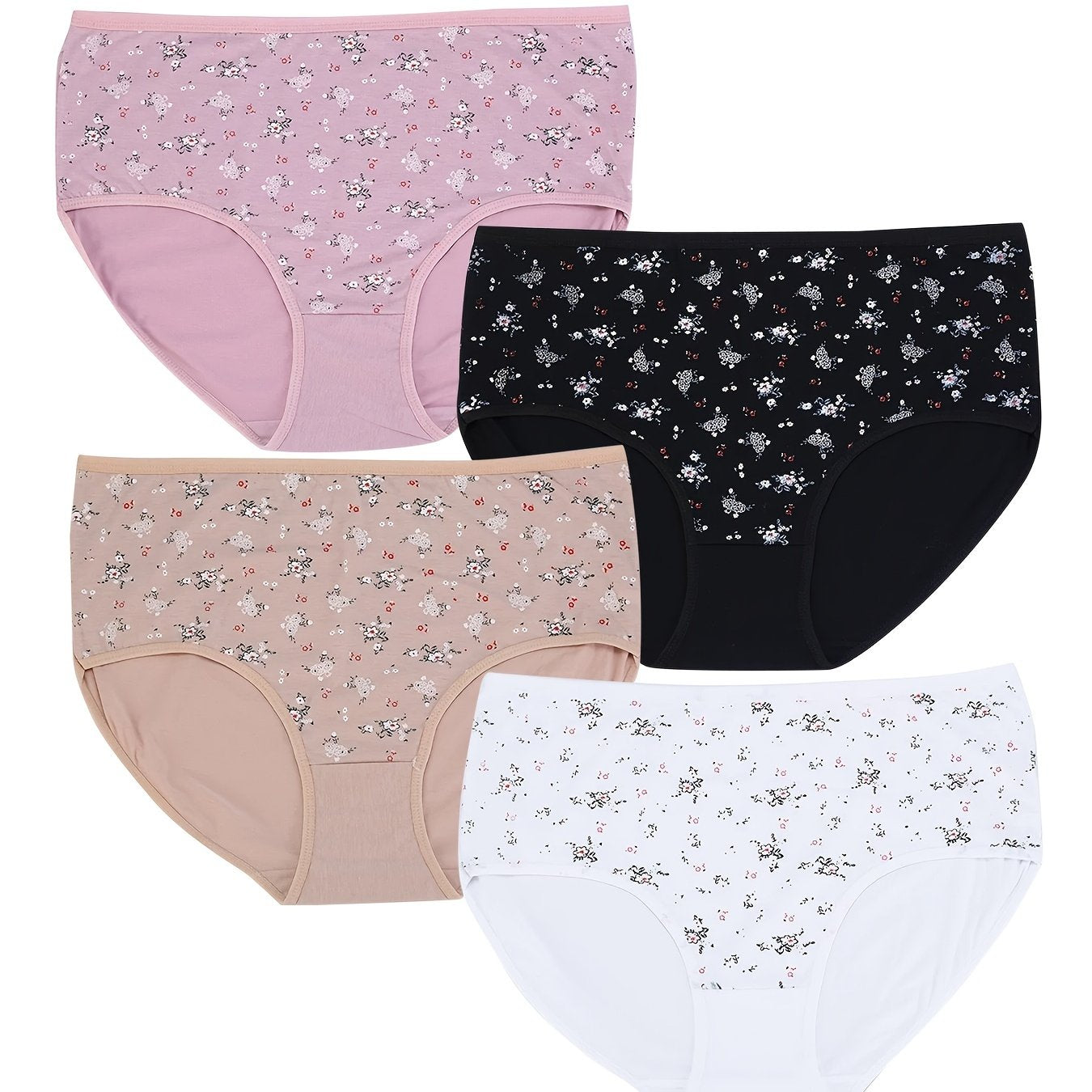 4 Pack Plus Size Panties Set Women's Plus Ditsy Floral Print Mid Waisted Skin