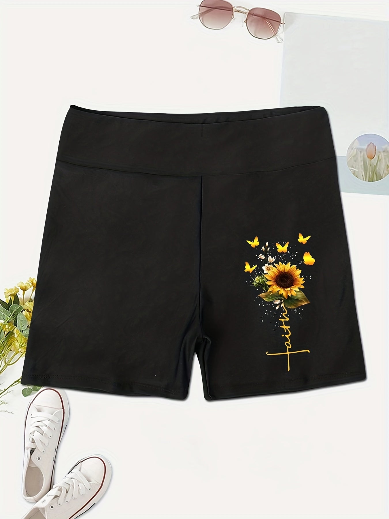 Sunflower Print Biker Shorts High Waist Leggings