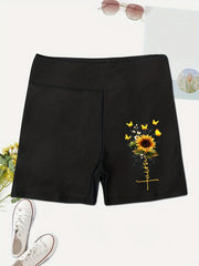 Sunflower Print Biker Shorts High Waist Leggings