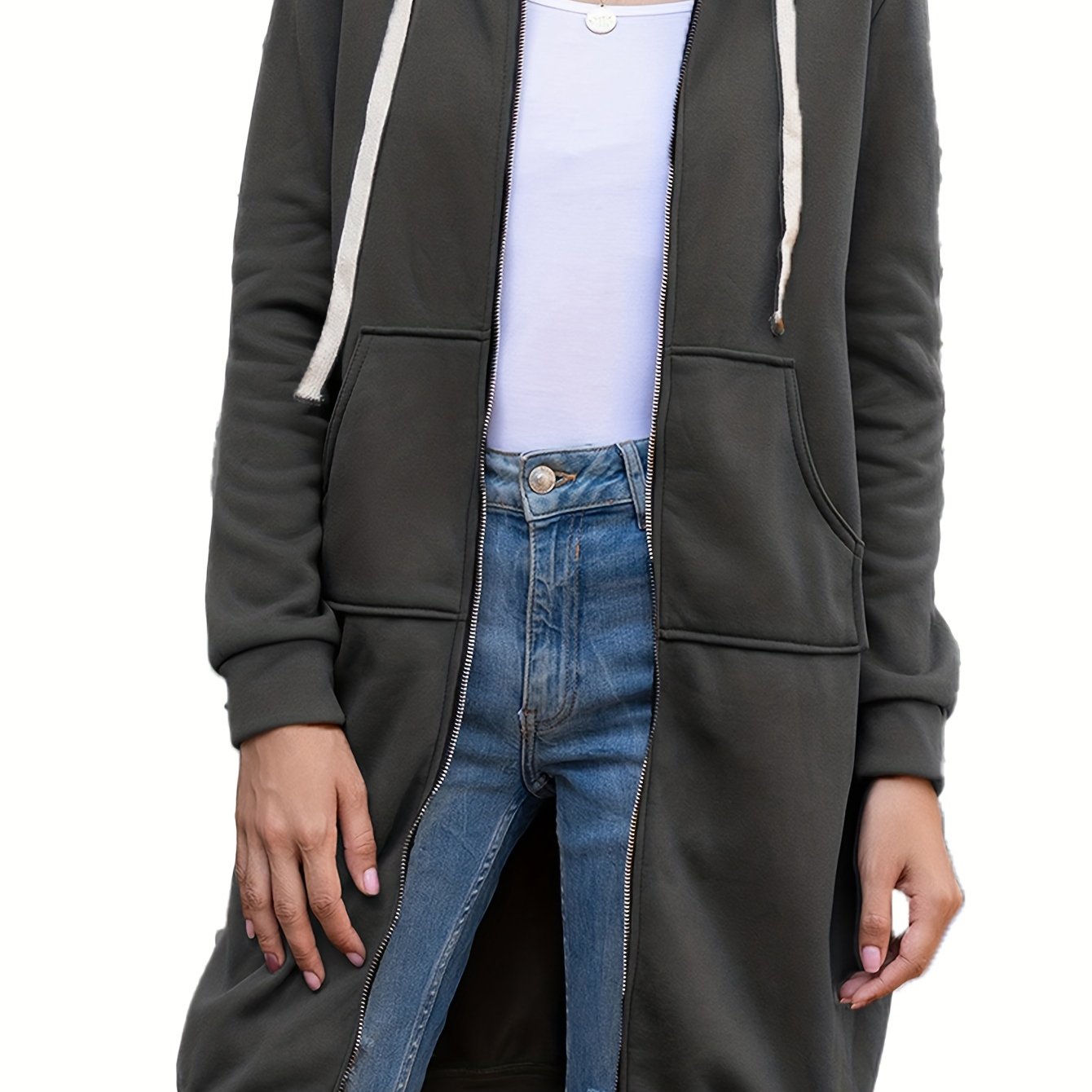 Solid Zip Up Long Length Hoodie Casual Long Sleeve Drawstring Hoodies Sweatshirt