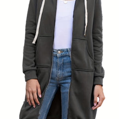 Solid Zip Up Long Length Hoodie Casual Long Sleeve Drawstring Hoodies Sweatshirt