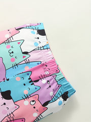 Girls' Kitty Print Comfy Casual Pants with Slight Stretch