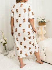 Bear Print Nightdress Short Sleeve Round Neck Plain Sleep Dress