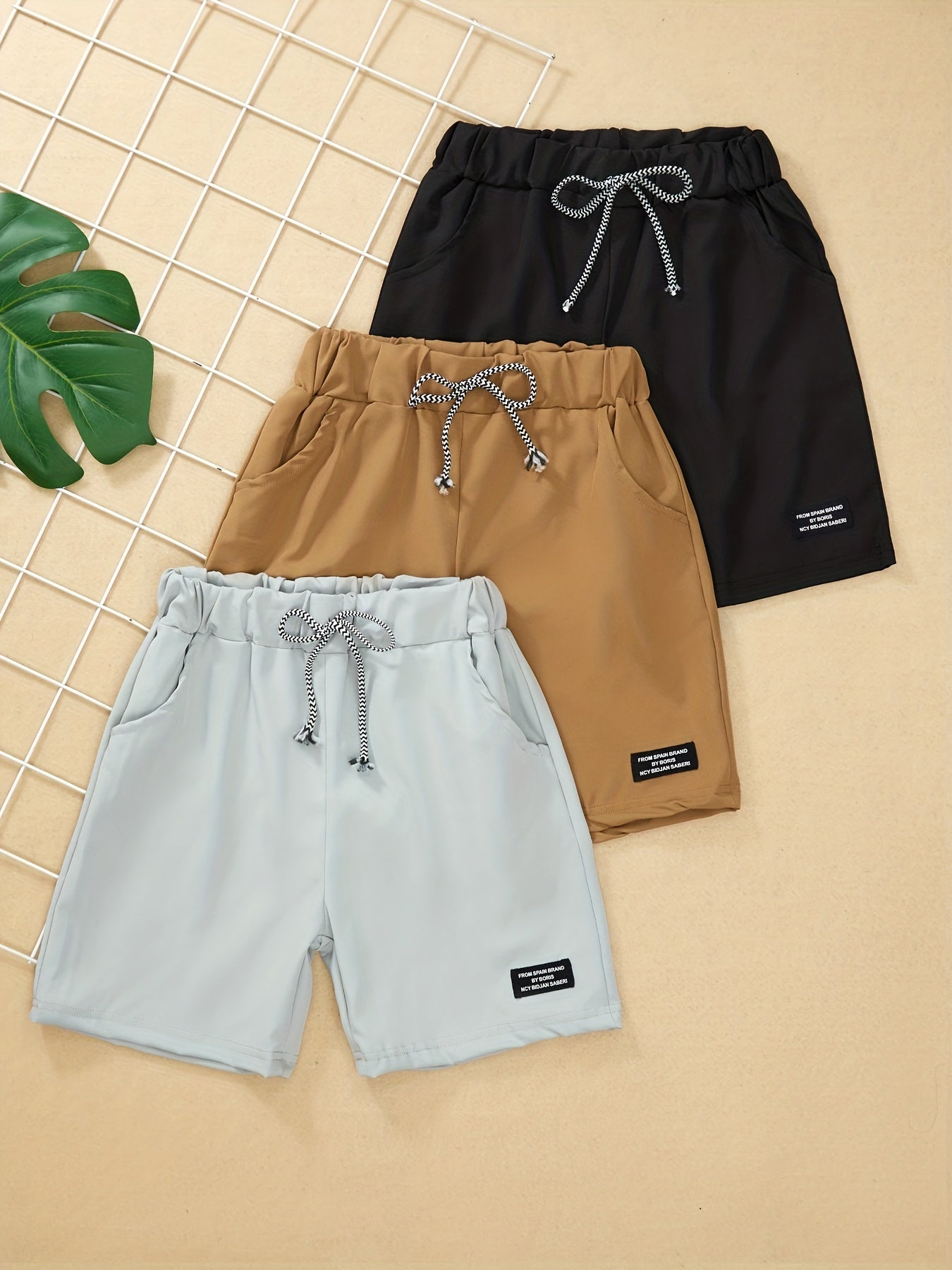 3pcs Boys Letter Print Shorts Elastic Waist Stretch Drawstring Summer Outdoor