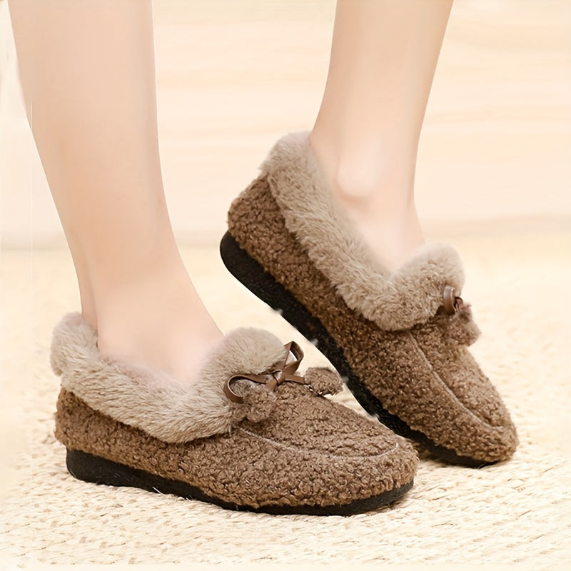 Furry Bowknot House Shoes Girls Non Slip Soft Walking Shoes Indoor
