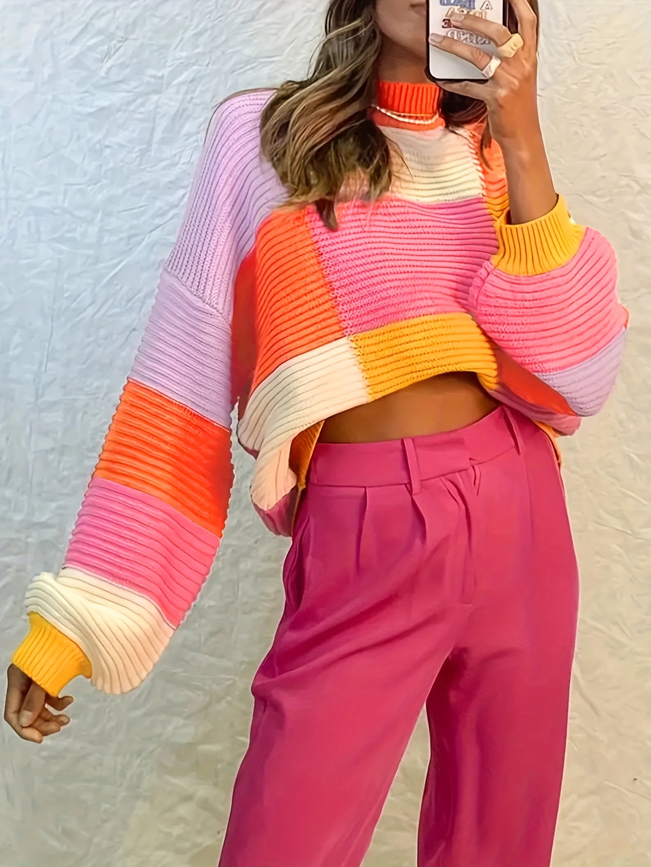 Y2K Sweater Women's Plus Colorblock Grid Print Round Neck