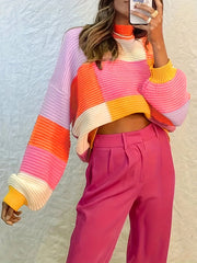 Y2K Sweater Women's Plus Colorblock Grid Print Round Neck