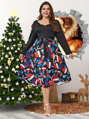 Colorblock Print V Neck Floral Trim Dress