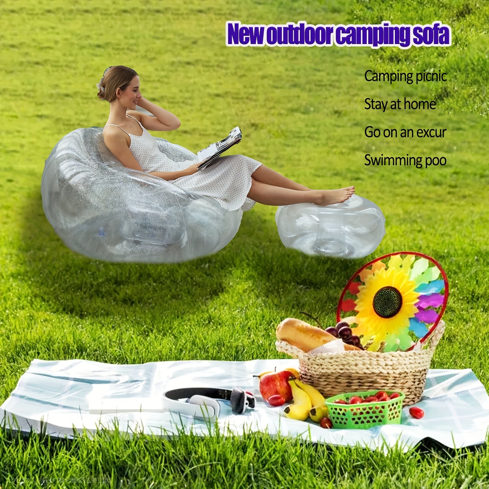 Clear Glitter Inflatable Sofa with Footrest Stool - Single Bed for Camping