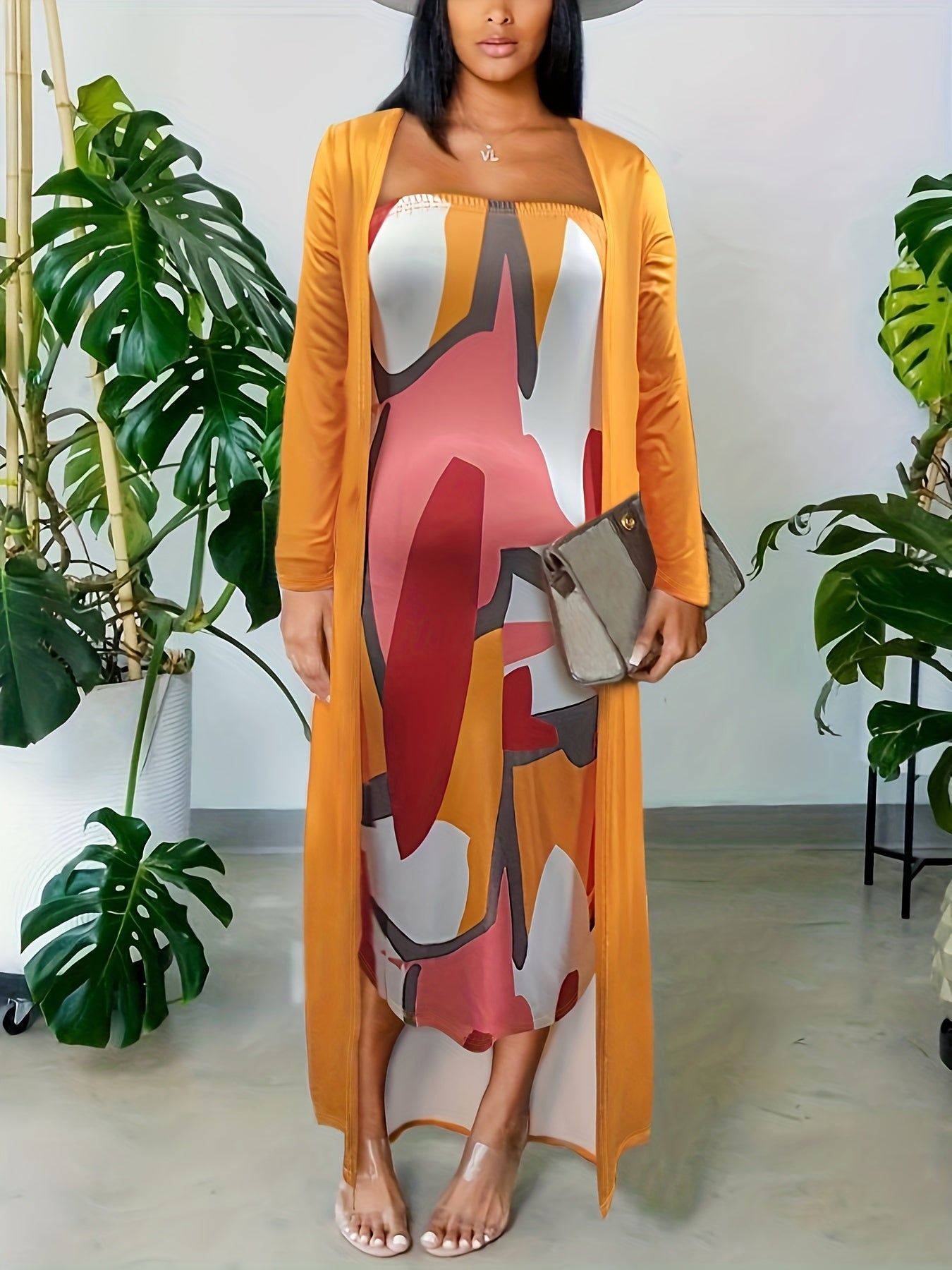 Women's Plus Tie Dye Tube Dress and Long Sleeve Coat Set