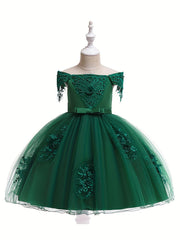 Girls Flower Beaded Embroidered Ball Gown Party Dress