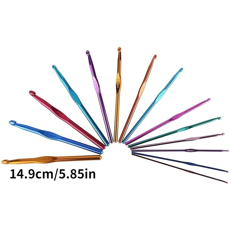 14pcs Aluminum Crochet Hook Knitting Needles Set Colored Crocheting Needle Tool