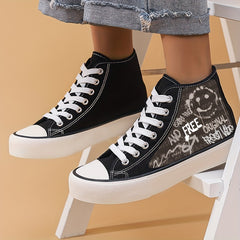Smiling Face Print High Top Canvas Shoes Lightweight Lace Up Flatforms