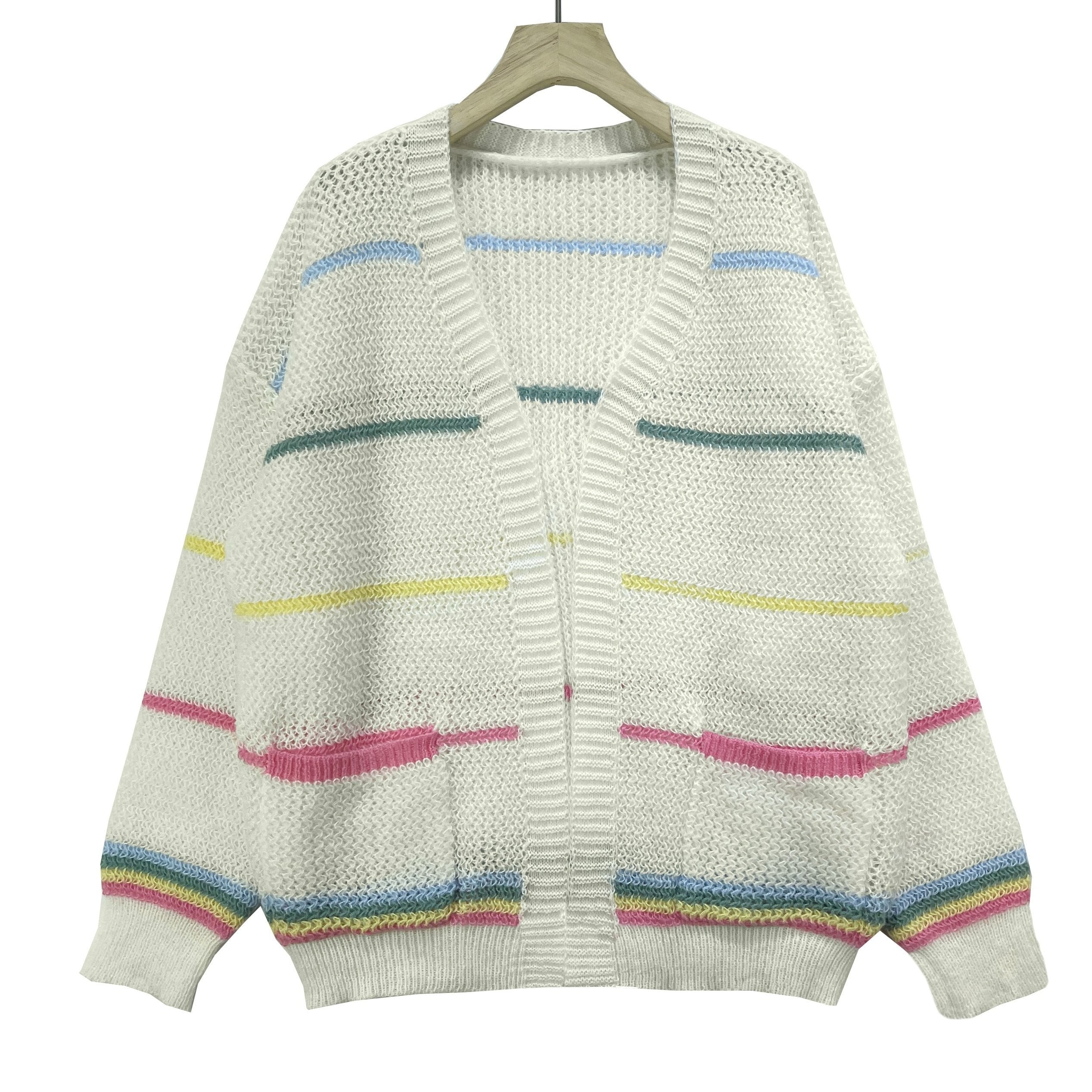 Striped Open Front Pocket Cardigan Long Sleeve Cardigan