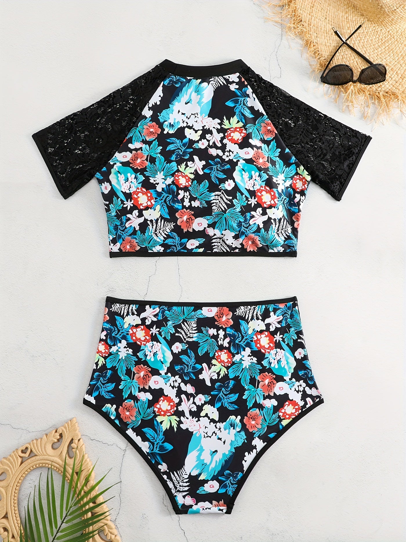 Tropical Print Tankini Set with Lace Crop Top & Panty