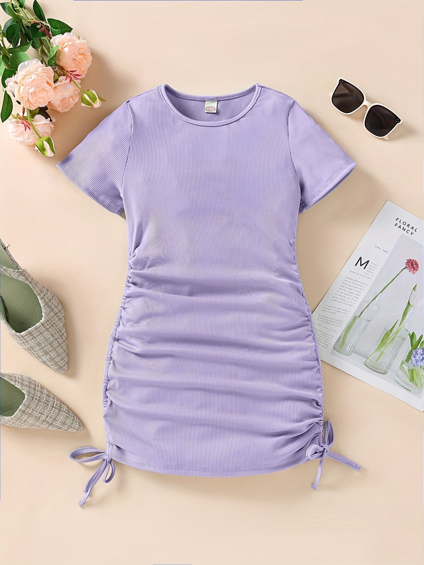 Girls' Drawstring Side Ruched Casual Dress Slim Fit Short Sleeve