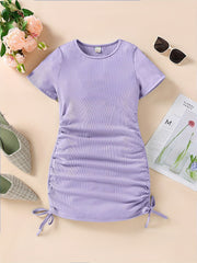 Girls' Drawstring Side Ruched Casual Dress Slim Fit Short Sleeve