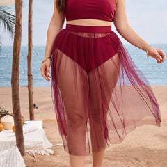 Solid Cami Top & Panties & Mesh Skirt Swimsuit Set Women's Plus