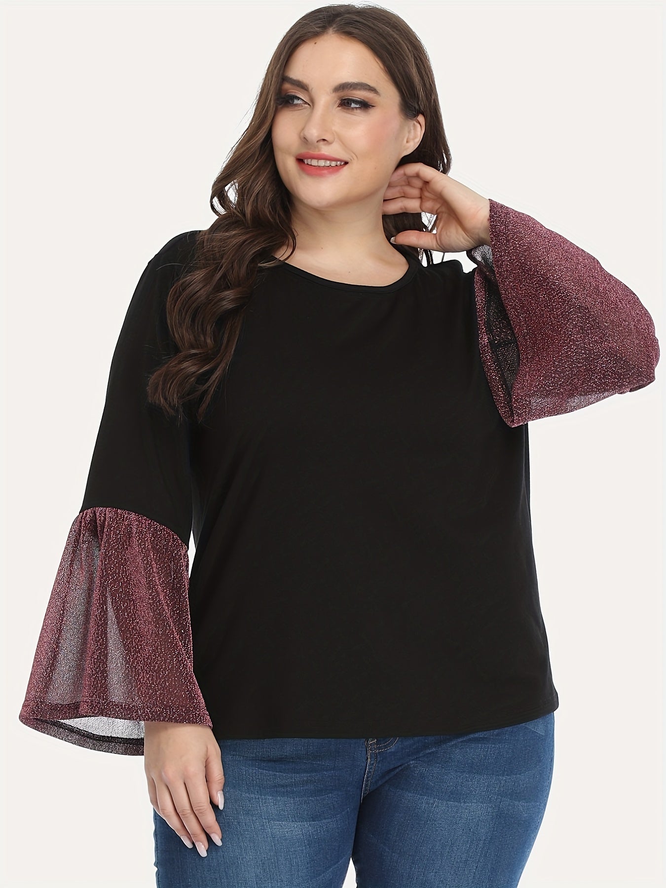 Colorblock Glitter Bell Sleeve Round Neck Top