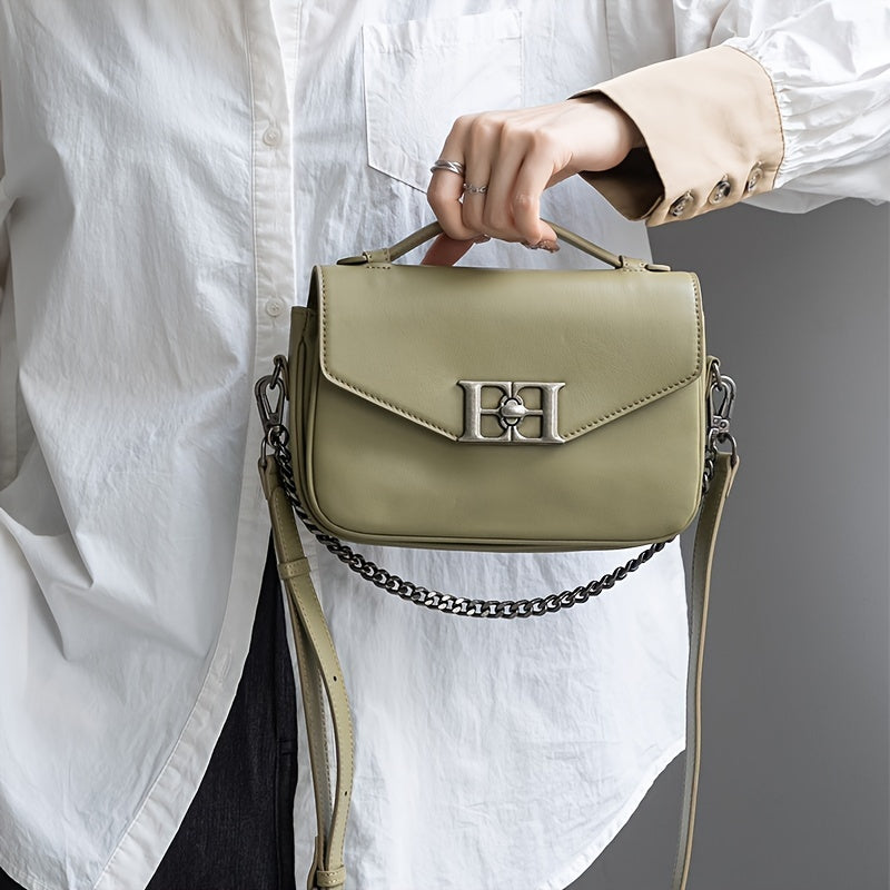 Vintage Green Crossbody Bag with Metallic Chain & Embossed H Soft Two Layer
