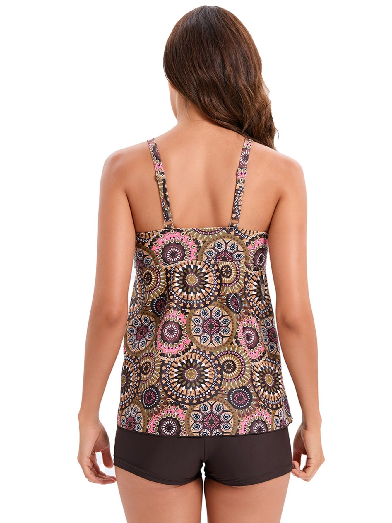 Floral Print Tankini Swimsuit, Tummy Cover, Brown & Pink