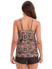 Floral Print Tankini Swimsuit, Tummy Cover, Brown & Pink