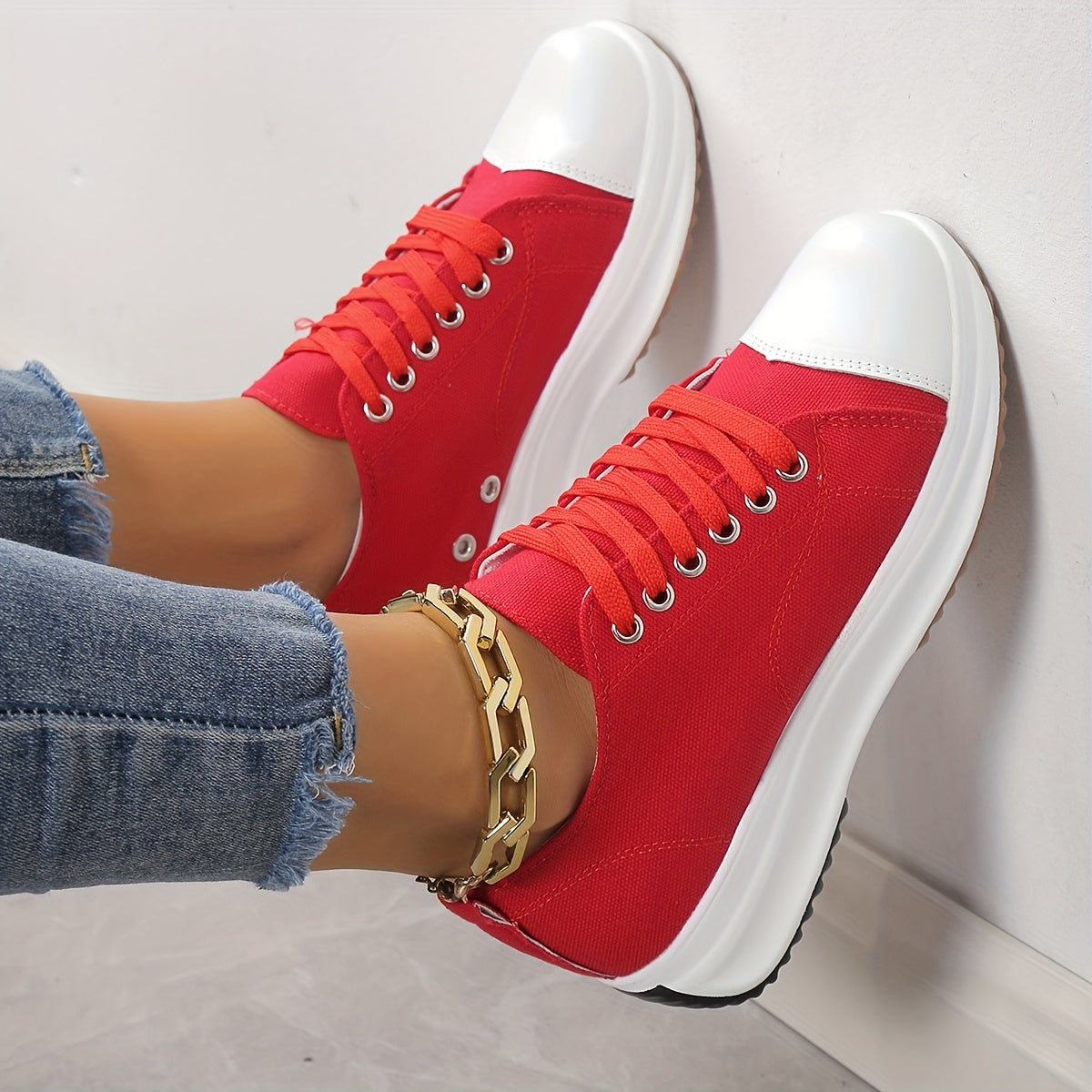 Women's Chunky Canvas Shoes Non Slip Lace Up Casual Sneakers Thick Sole