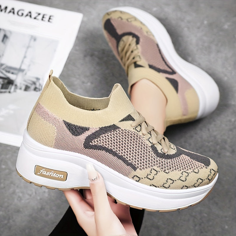 Colorblock Sock Sneakers Lace Up Low Round Toe Thick Bottom Shoes