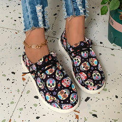 Skull & Floral Pattern Low Top Slip On Shoes for Women