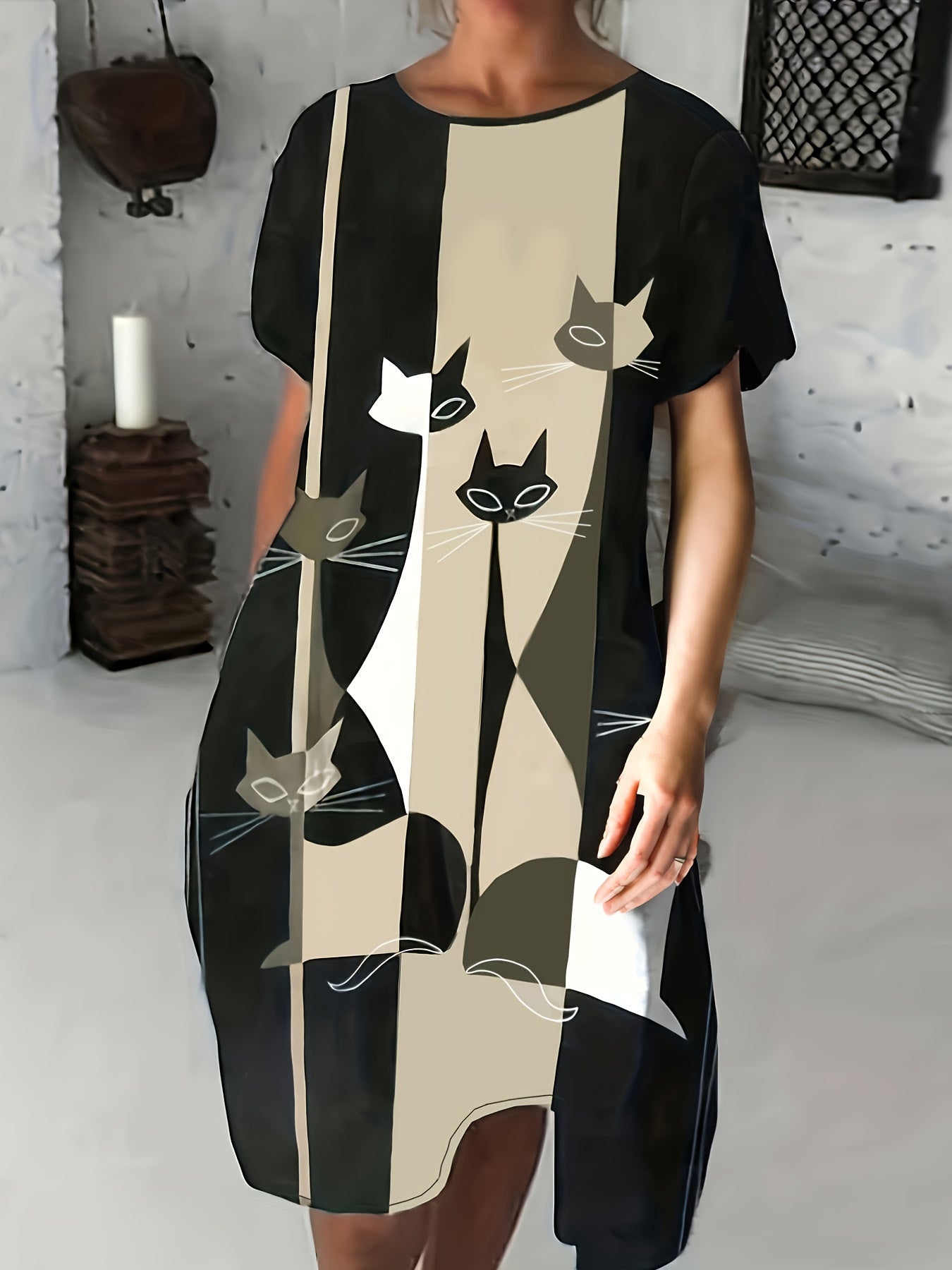 Colorblock Cat Print Round Neck Dress