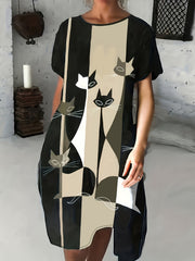 Colorblock Cat Print Round Neck Dress