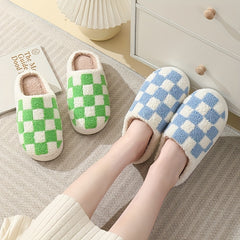 Checkered Plush Flat Slippers Warm & Cozy Indoor Shoes