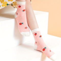 Girl's Cartoon Strawberry Striped Knitted Socks, 5 Pairs