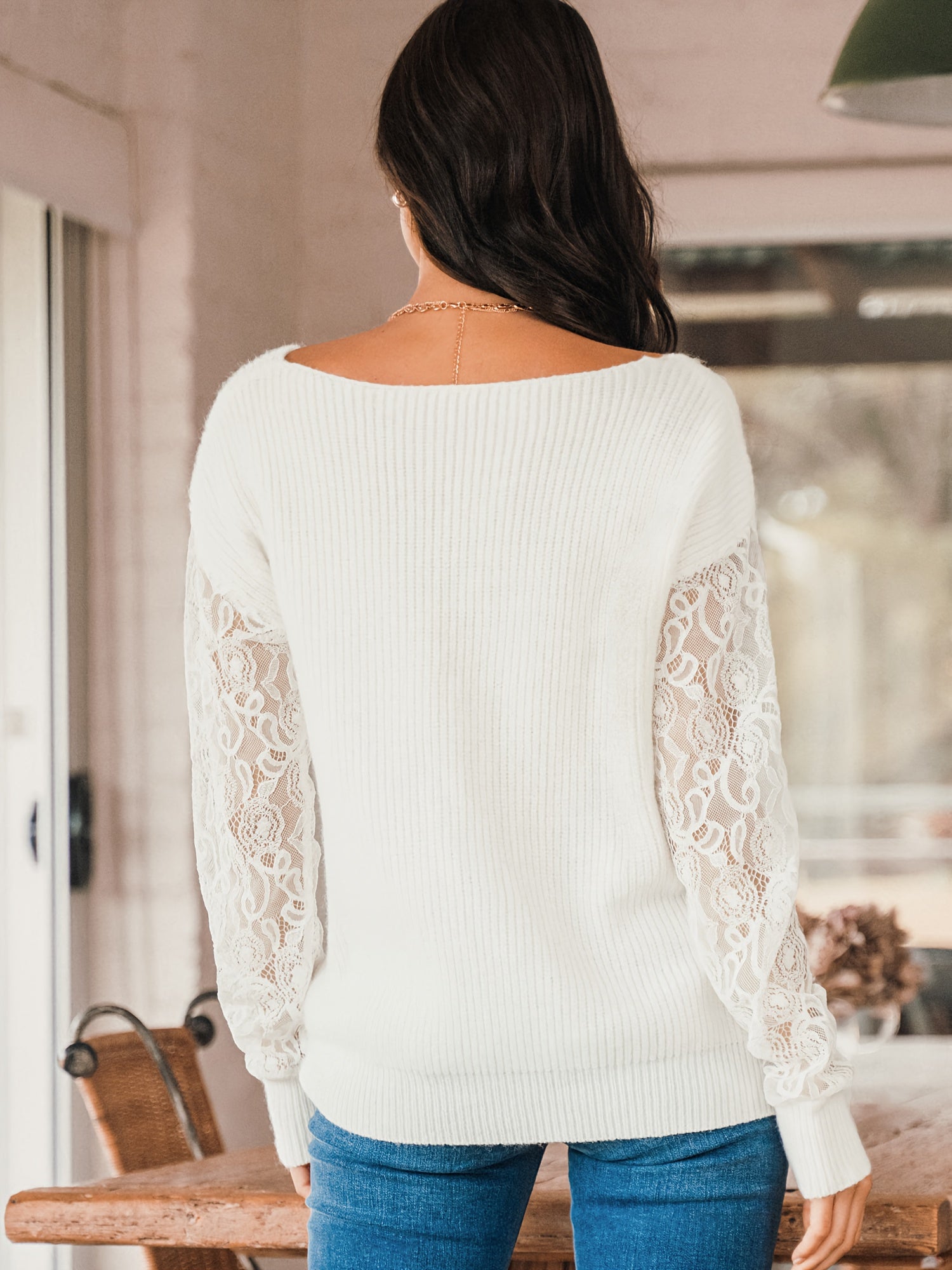 Solid Lace Long Sleeve Knit Top