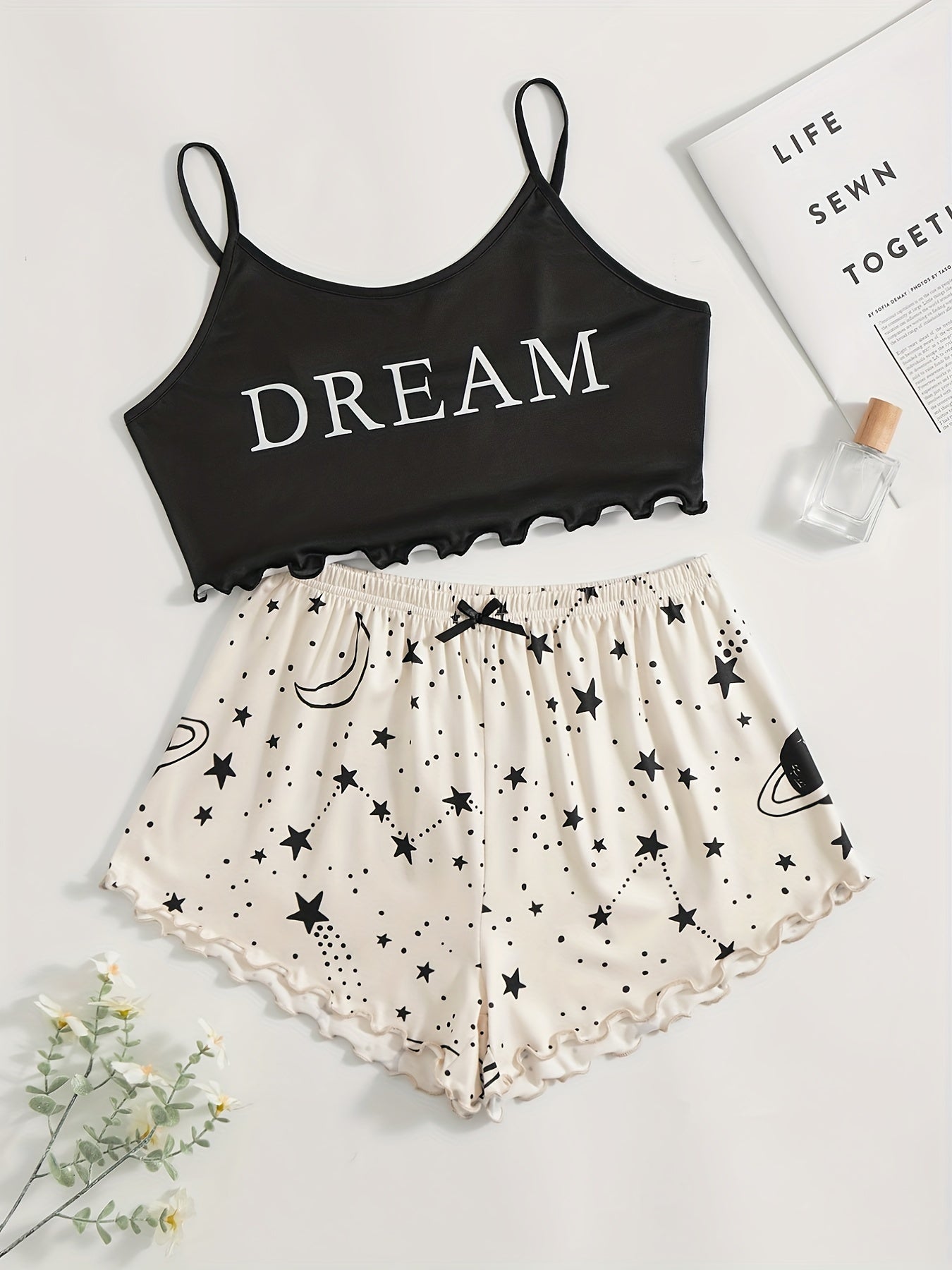 Letter Print Pajama Set & Starry Print Shorts Sleepwear