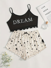 Letter Print Pajama Set & Starry Print Shorts Sleepwear