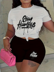 Letter Print T Shirt & Shorts 2pcs Set Women's Clothing