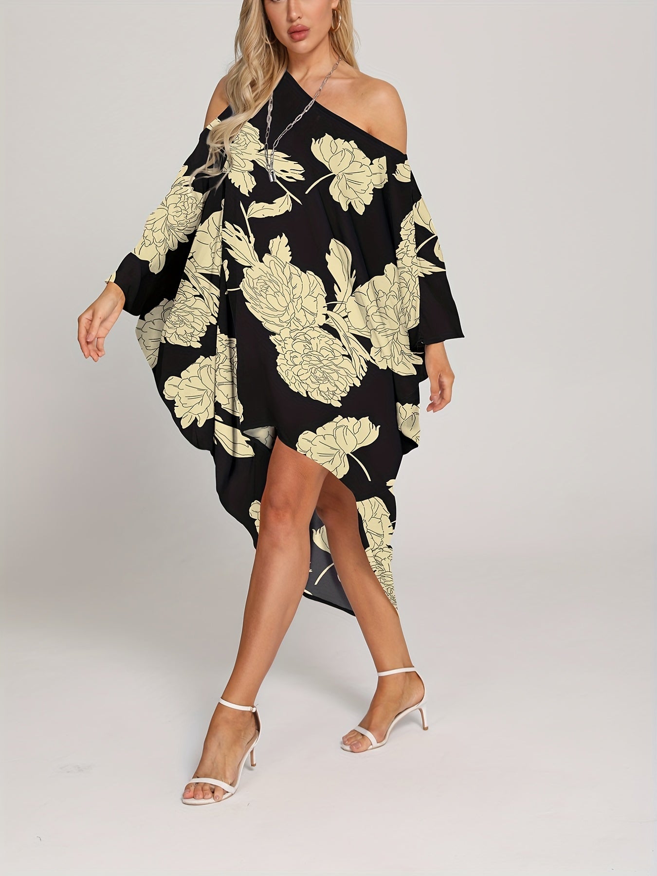 Floral Print Cover Up Dress One Shoulder Asymmetrical Beachwear Kaftan