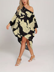 Floral Print Cover Up Dress One Shoulder Asymmetrical Beachwear Kaftan