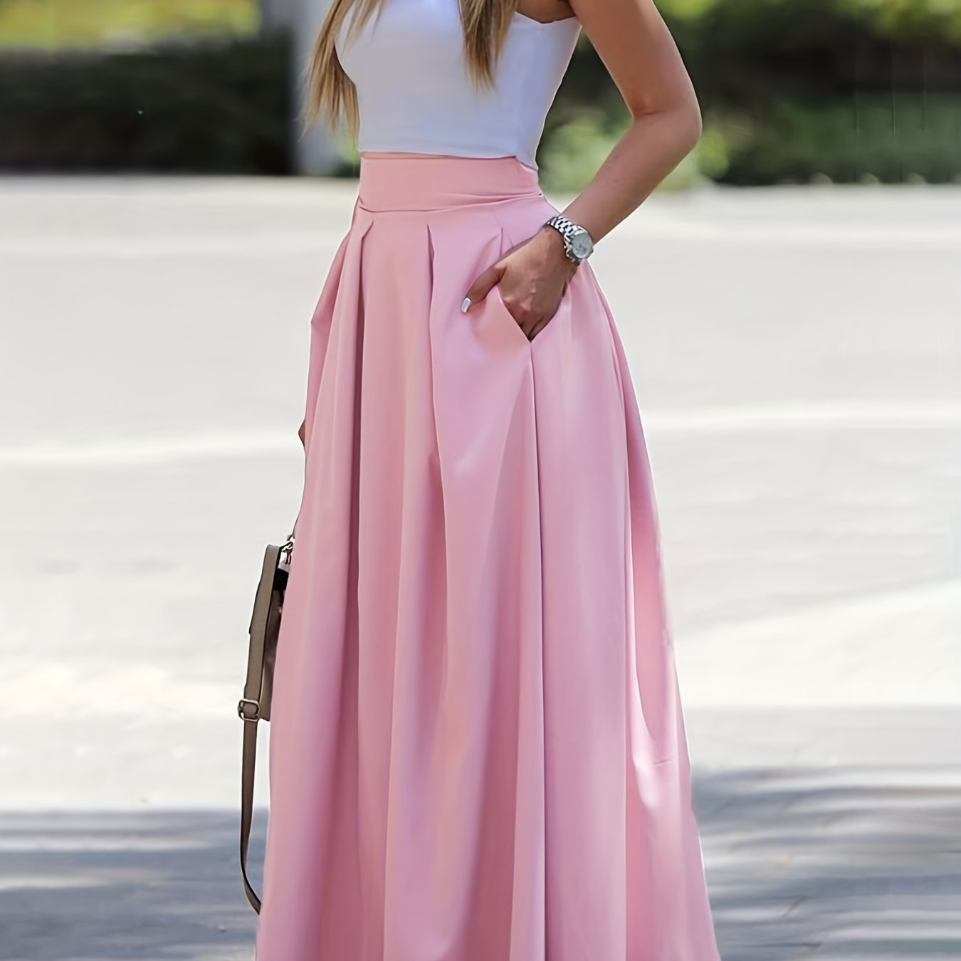 High Waist Ruched Maxi Skirt Solid Color Women's Clothing