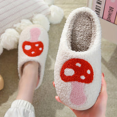 Women's Mushroom Print Fuzzy Slippers Closed Toe Warm Plush Shoes