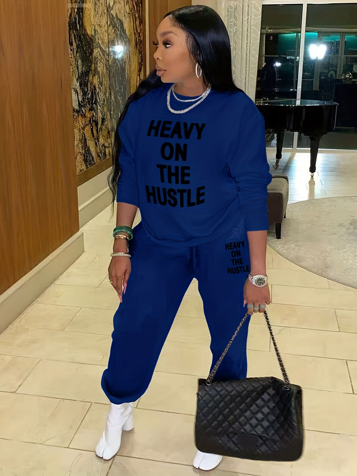 Casual Two piece Set Crew Neck Long Sleeve Tops & Drawstring Jogger Pants