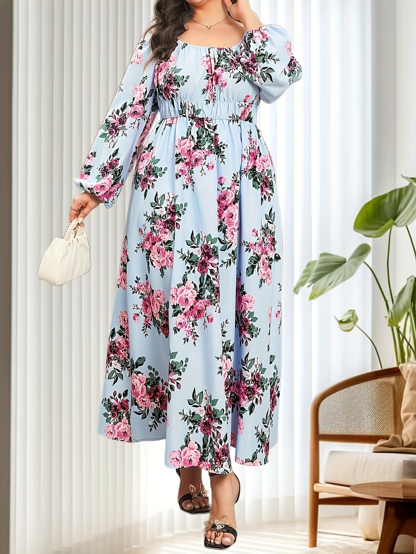Floral Lantern Sleeve Maxi Dress Nipped Waist