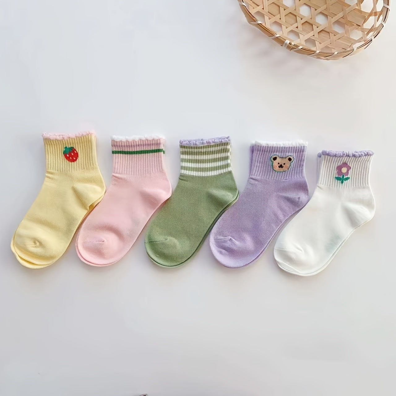 5 Pairs Girls Cartoon Print Ruffled Knit Socks for Spring & Summer