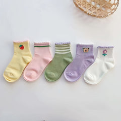 5 Pairs Girls Cartoon Print Ruffled Knit Socks for Spring & Summer